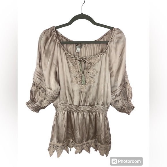 Boston Proper Peasant Boho Top Blouse Lace Fitted Waist Cold Shoulder Tie Front - Picture 1 of 11